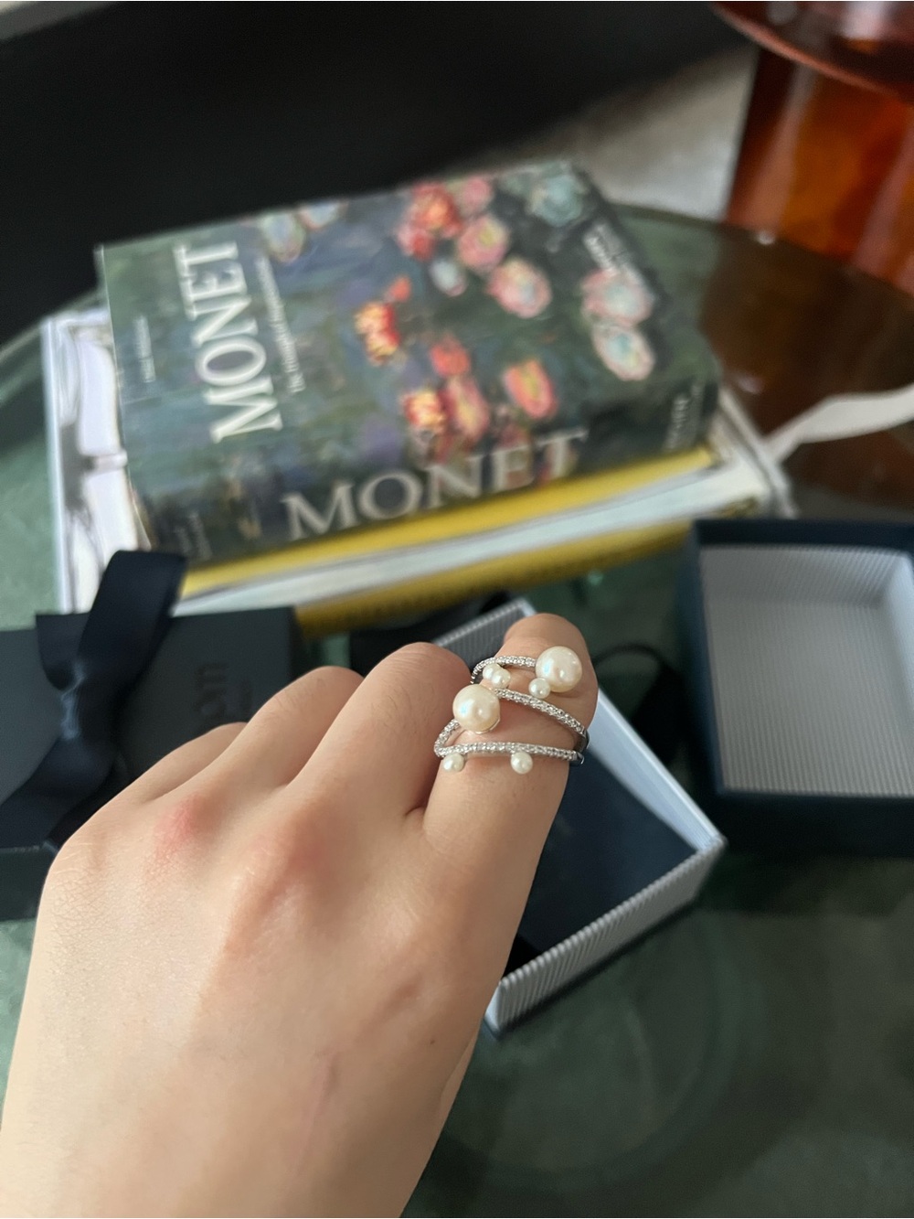Pearl & Crystal Spiral Ring in Silver